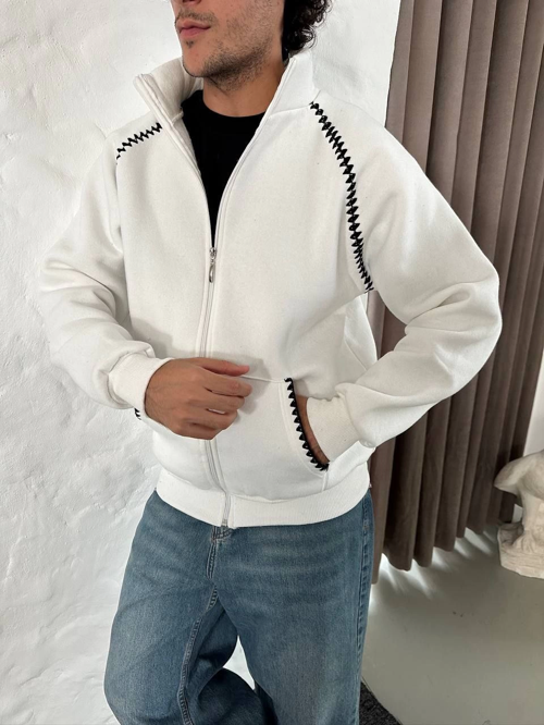 Velmora Premium Erkek Oversize Dik Yaka Fermuarlı Sweatshirt - Zincir Nakışli Kanguru Cepli - Beyaz