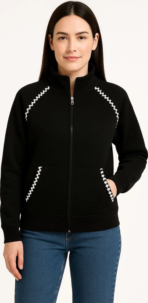 Velmora Premium Kadın Oversize Dik Yaka Fermuarlı Sweatshirt - Zincir Nakışli Kanguru Cepli, - Siyah