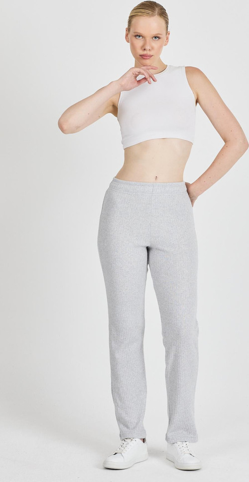 Kadın Gri Yüksek Bel Fitilli Bol Paça Günlük İnce Eşofman Altı Pijama