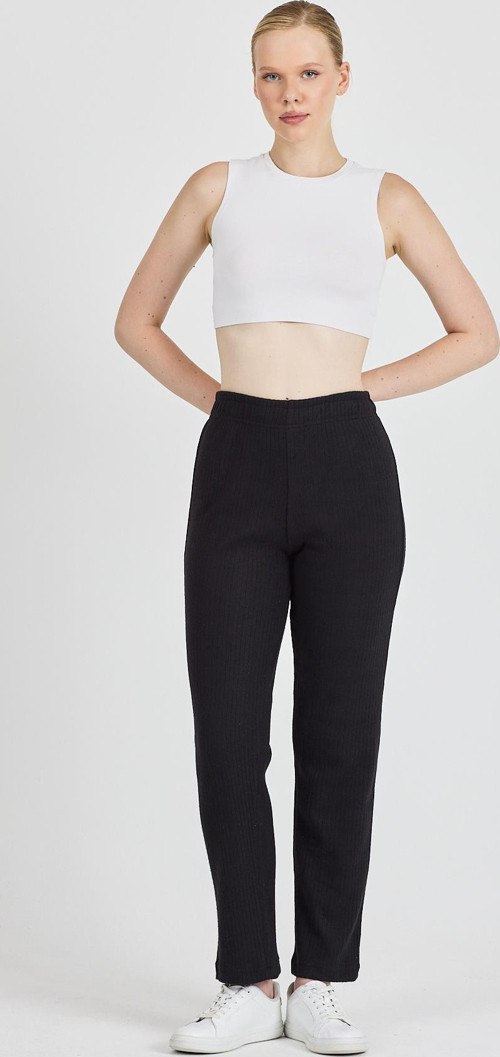 Kadın Siyah Yüksek Bel Fitilli Bol Paça Günlük İnce Eşofman Altı Pijama