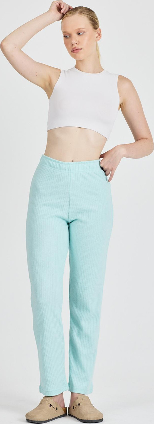 Kadın Su Yeşili Yüksek Bel Fitilli Bol Paça Günlük İnce Eşofman Altı Pijama