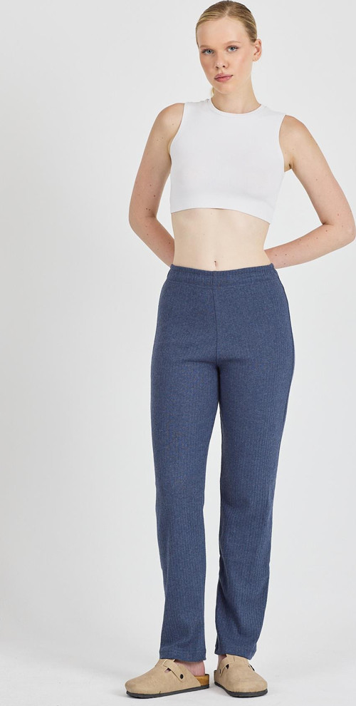 Kadın İndigo Yüksek Bel Fitilli Bol Paça Günlük İnce Eşofman Altı Pijama