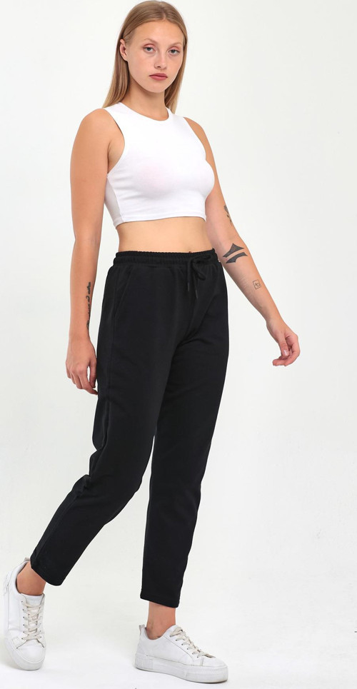 Kadın Siyah Regular Fit Düz Paça Beli Lastikli Bağcıklı Eşofman Altı