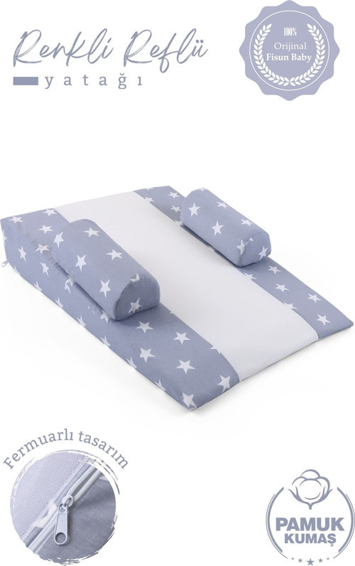 Bebek Reflü Yatağı (Açık Gri-Yıldız) Yıkanabilir Kılıflı, Ortopedik, Ana Kucağı