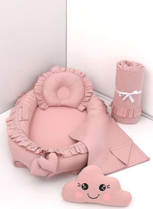5 Parça - Bebek Uyku Yatağı, Baş Yastık, Bebek Pikesi, Yorganı, Dekoratif Bulut Yastık