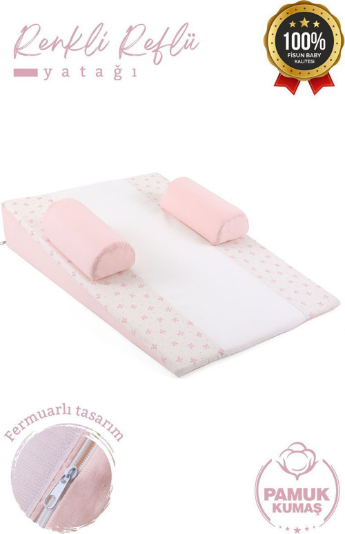 Bebek Reflü Yatağı (Pudra-Fiyonk) Yıkanabilir Kılıflı, Ortopedik, Ana Kucağı