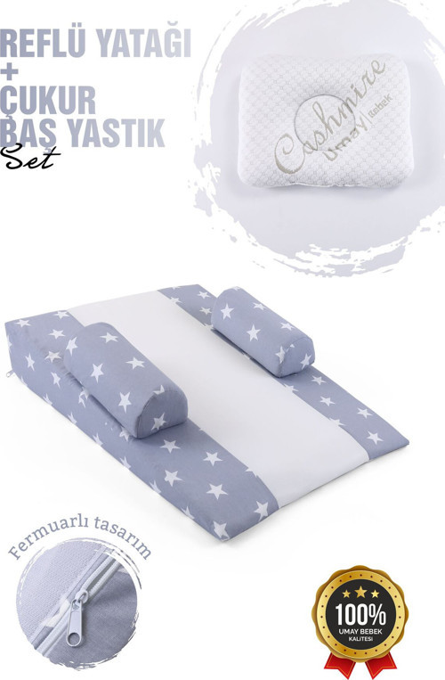 Bebek Reflü Yatağı, Fermuarlı, Yıkanabilir Kılıf, Yatak, Pamuk Kumaş + Çukur Baş Yastık