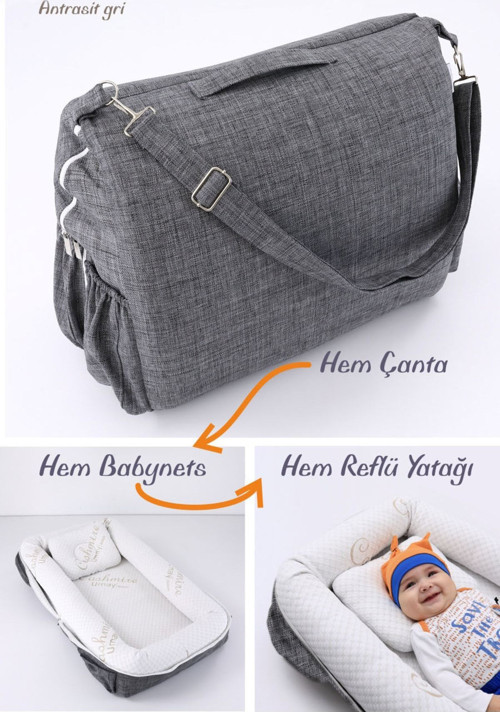 Umay Çantalı Taşınabilir Reflü Yatağı, Babynest, Anne Çantası - Antrasit