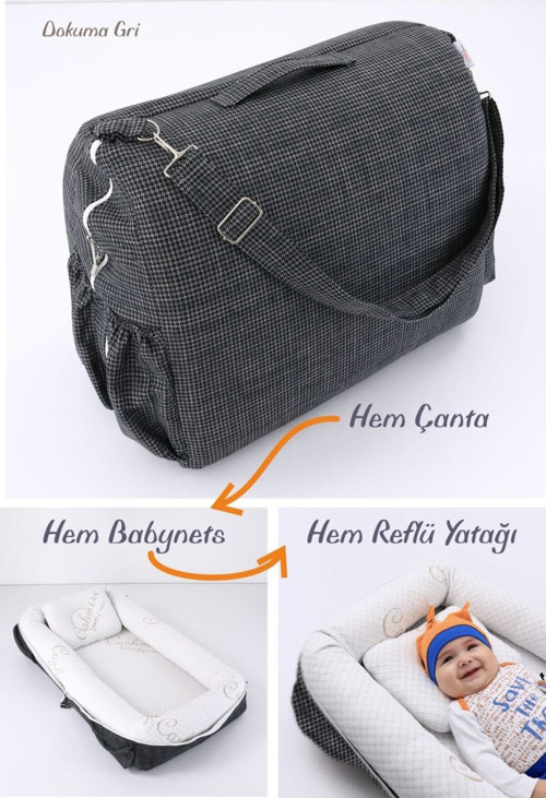 Çantalı Taşınabilir Reflü Yatağı, Yastığı, Babynest, Anne Çantası - Dokuma Gri