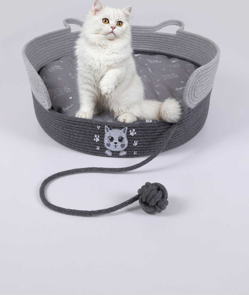 Kedi Yatağı, 40Cm Çapında, Hasır Kedi Yatağı Jüt/Pamuk Kordon İp Kedi Yatağı + Minder