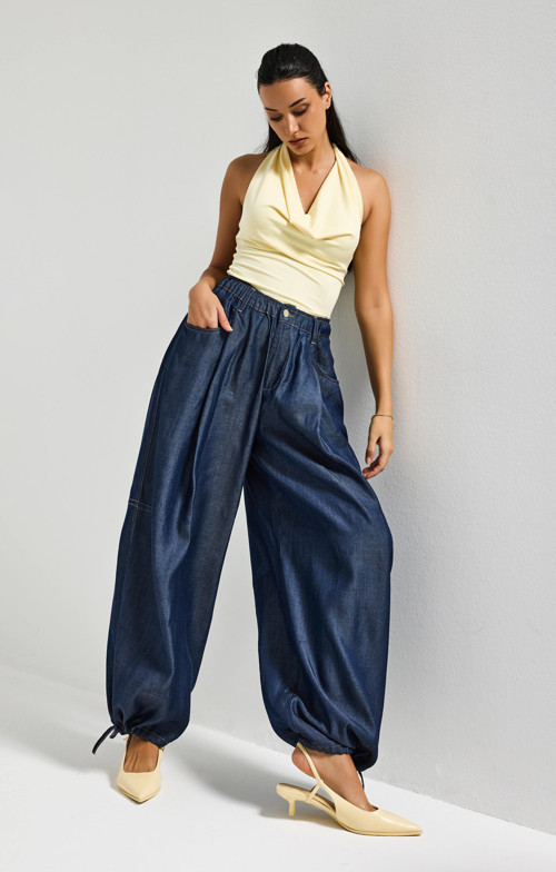 Kadın İndigo 7s6-50 Süper Ballon Fit Bol Kesim Paça Detaylı Tasarım Denim Jean