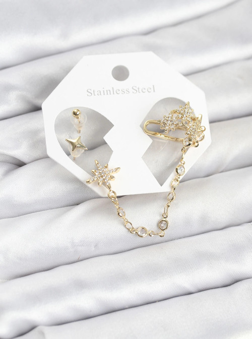 Kutup Yıldızı Model Pirinç Gold Renk Zincir Bağlantılı Ear Cuff Küpe Seti