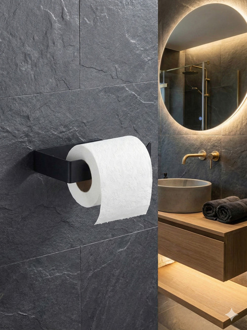 Modern Mat Siyah Metal Tuvalet Kağıdı Tutacağı ( YAPIŞKANLI ) | Minimal Duvara Monte Kağıtlık