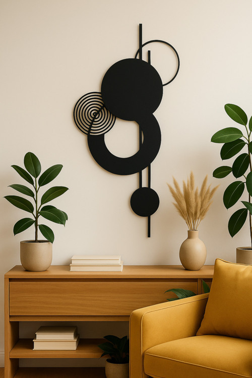 Modern Geometrik Daireler Metal Duvar Tablosu | Siyah Minimal Dekor