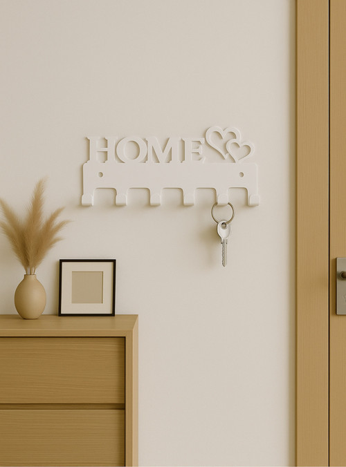 Home Yazılı Kalpli Metal Anahtarlık Askısı (Renk: Beyaz) | Duvar Tipi Anahtar Organizer