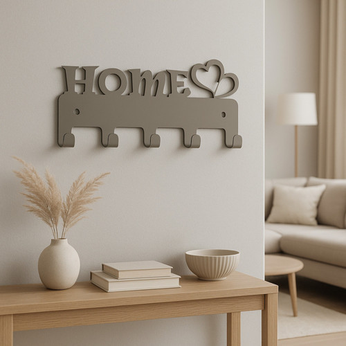 Home Yazılı Kalpli Metal Anahtarlık Askısı (Renk: Vizon) | Duvar Tipi Anahtar Organizer