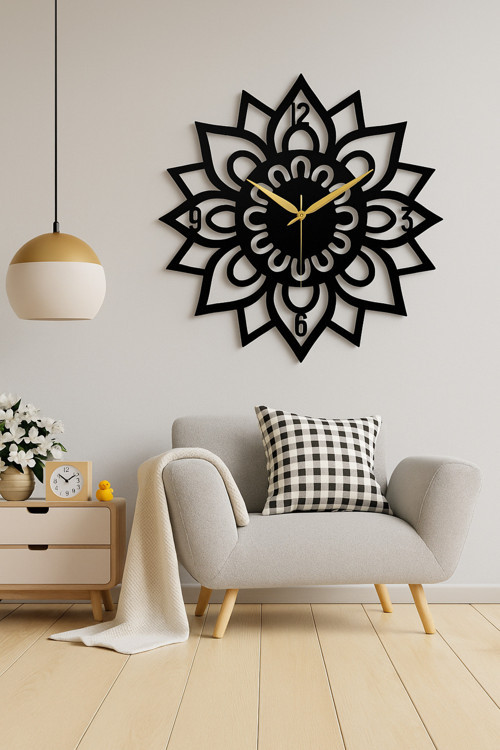 Modern Çiçek Desenli Siyah Metal Duvar Saati – Şık ve Minimalist Tasarım