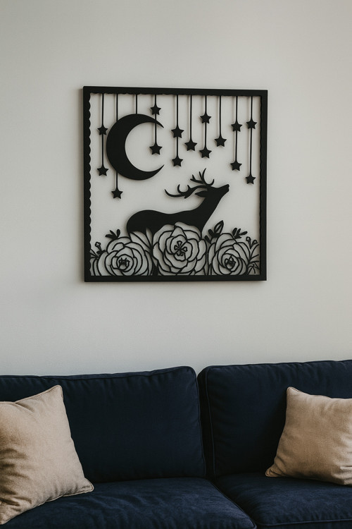 Yıldızlı Gece Geyik Metal Tablosu | Çiçek Temalı Siyah Dekor