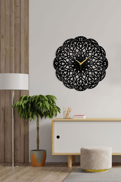 Modern Tarz Motif Detaylı Siyah Metal Duvar Saati – Ev & Ofis Dekoru