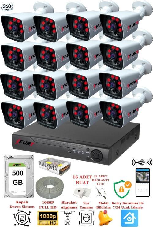 XFury 16 Kameralı 5mp Lensli 1080P 2mp Görüntü 6 Atom Gece Görüşlü FullHd Güvenlik Kamerası 5525A 500GB
