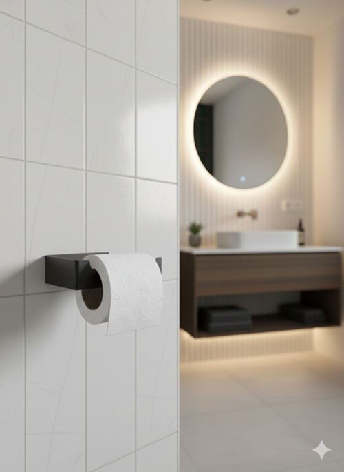 Modern Mat Siyah Metal Tuvalet Kağıdı Tutacağı ( YAPIŞKANLI ) II | Minimal Duvara Monte Kağıtlık