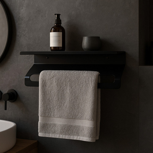 14x40 Metal Raf ve Havluluk | Mat Siyah | Banyo – Mutfak – Ofis Kullanımı