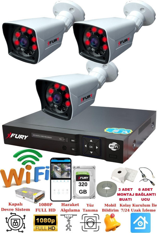 XFury 3 Kameralı 5mp Lensli 1080P 2mp Görüntü 6 Atom Gece Görüşlü FullHd Güvenlik Kamerası 5525A 320GB