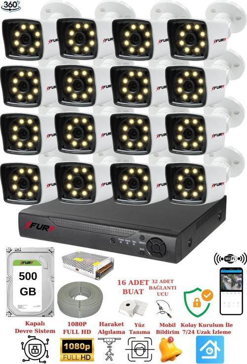 XFury 16 Kameralı 5mp Lens 1080p 2mp ColorGörüntü 8 Warm Led Gece Görüş FullHd Güvenlik Kamera 5525W 500GB