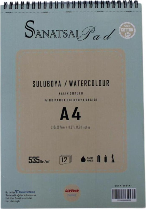 Sanatsal Pad Sulu Boya Resim Defteri A4 535gr 12 Yaprak Spiralli