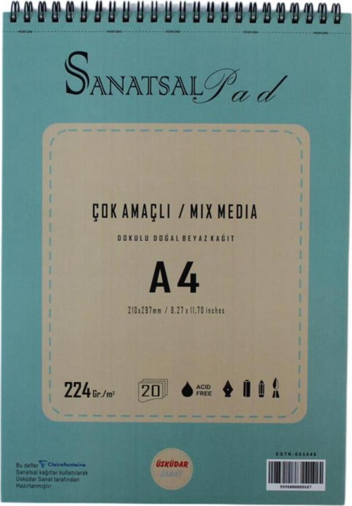 Sanatsal Pad Çok Amaçlı Dokulu Resim Defteri A4 224gr 20 Yaprak Spiralli