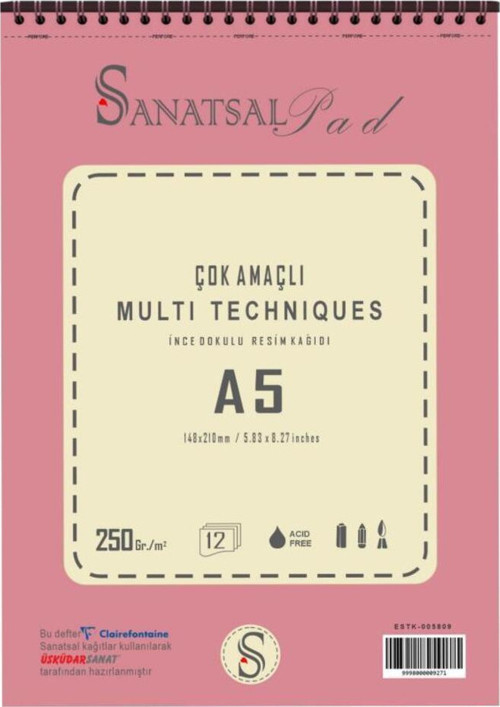 Sanatsal Pad Çok Amaçlı İnce Dokulu Resim Defteri A5 250gr 12 Yaprak Spiralli