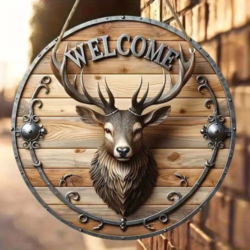 Çekici Yuvarlak Ahşap Geyik Başlı Hoş Geldiniz Tabelası - Ev, Çiftlik, Bahçe, Bar veya Giriş Dekoru