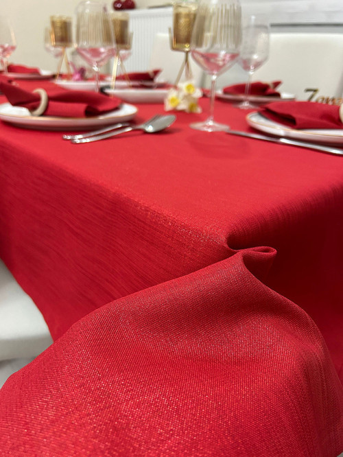 Polyester Keten Simli Masa Örtüsü Kırmızı