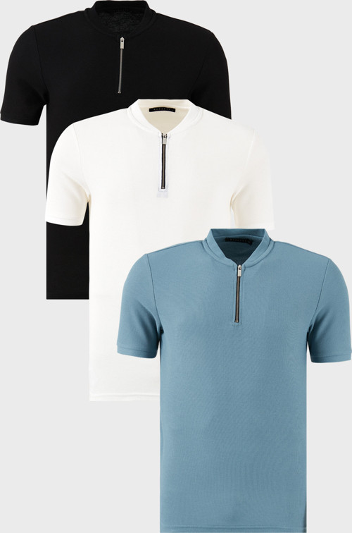 Pamuklu Regular Fit Yarım Fermuarlı Kolej Yaka 3'lü Paket Erkek T Shirt 5902653S3 Mavi-Siyah-Beyaz