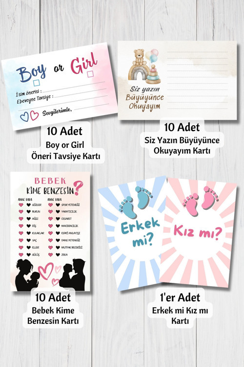 Cinsiyet Belirleme Partisi Oyun Kartları Seti Baby Shower Kız mı Erkek mi Bebek Dilek Hatıra Anı