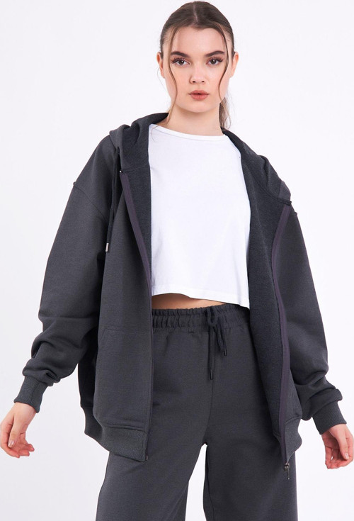 Antrasit Kanguru Cepli Kapüşonlu Fermuarlı Oversize Kadın Sweatshirt CMRB73-Antrasit