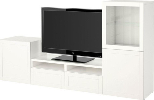 Tv ünitesi, beyaz-şeffaf cam, 240x40x128 cm, HANVIKEN/SINDVIK, fren raylı