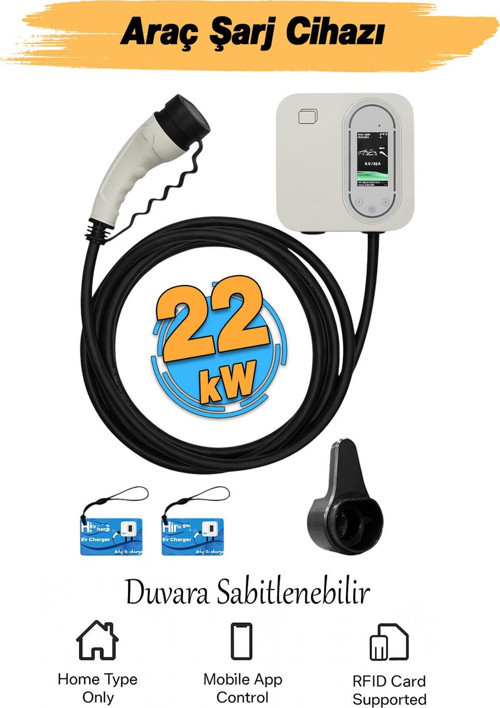 Elektrikli Akıllı Araç Şarj İstasyonu 22 KW Duvar Tipli 5 Metre Kablo Mobil Uygulamalı HCDK-22 RFID