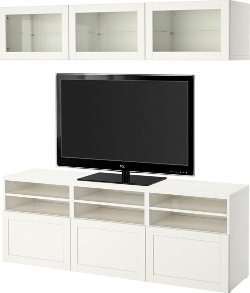 Tv ünitesi, beyaz-şeffaf cam, 180x42x192 cm, HANVIKEN/SINDVIK, fren raylı