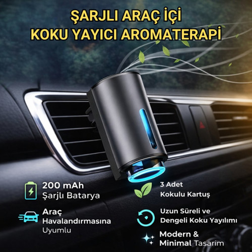 Şarjlı Araç İçi Koku Yayıcı – 200 mAh – 3 Kokulu Kartuş – Ayarlanabilir Koku Modları- Modern Tasarım