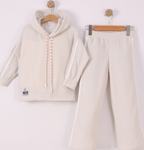 Kız Çocuk Çiçek Baskılı İpli Şeritli Pantolon Fitilli Polar Takım