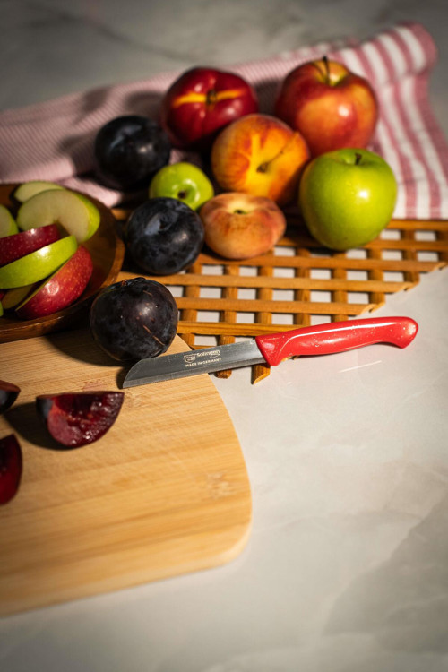 Solingen Simli Deliksiz Meyve Bıçağı – Kırmızı Saplı, 18,5 cm, Paslanmaz Alman Çeliği (4LÜ)