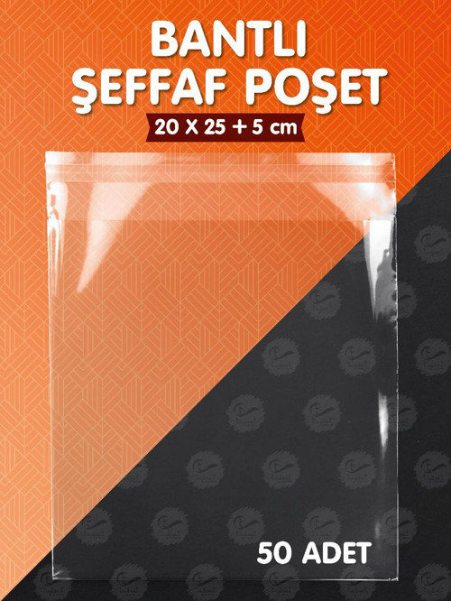 Bantlı Şeffaf Poşet (20x25+5cm) 50 Adet Parlak Jelatin Paket Hediye Poşeti -T1019