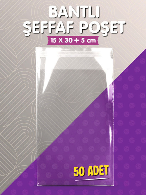 Bantlı Şeffaf Poşet (15x30+5cm) 50 Adet Parlak Jelatin Paket Hediye Poşeti -T1555