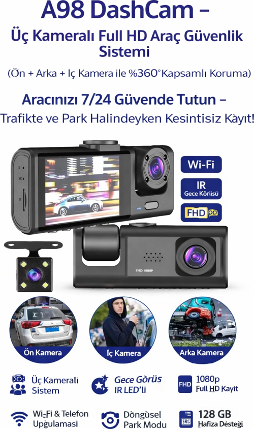 Akıllı Full HD 3 Kameralı Araç İçi Güvenlik Kamerası Ön-Arka-İç Kayıt, Park Modu
