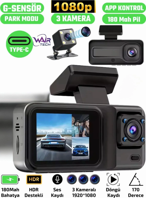 A98 Full Hd 3 Kameralı Araç Içi Güvenlik Kamerası 64gb Uyumlu Ir Gece Görüşü, Ön-arka-iç Kayıt