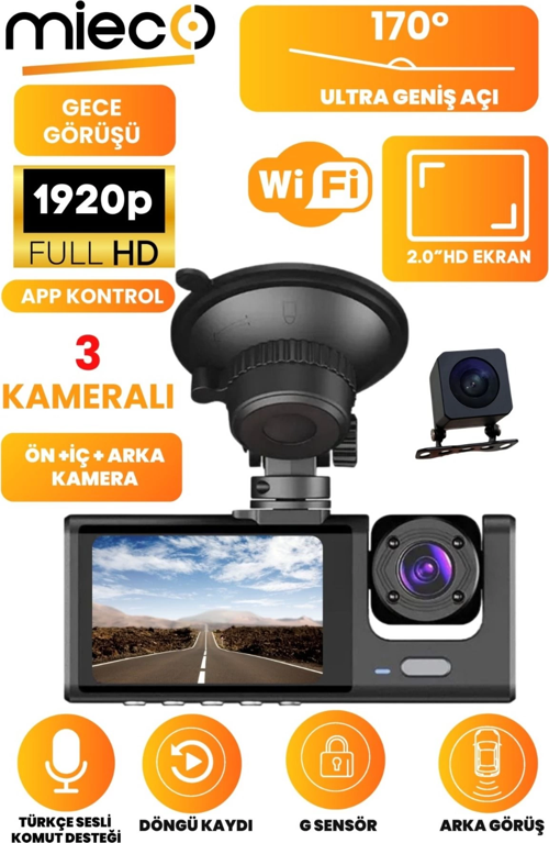 1s Wifi / App /1920p Fhd/ 170° Ultra Geniş Açı/gece Görüş/ G-sensörü 3 Kameralı Araç Kamerası(2025)