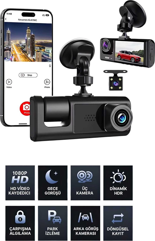 1080p Wifi Full Hd Araç Içi Kamera Arka Ön Iç Kayıt 3 Kamera Gece Görüşlü Gsensör Geniş Açı