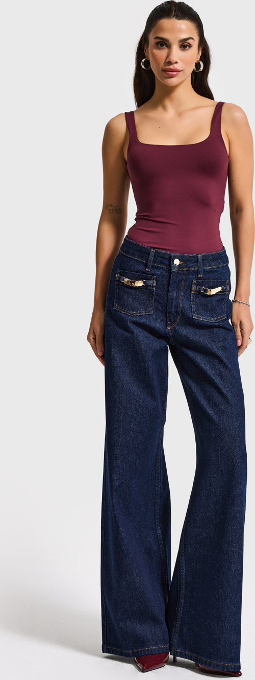 Kadın İndigo 7s6-50 Midrise Wide Leg Fit Viskon Kumaş Aksesuar Detaylı Denim Jean