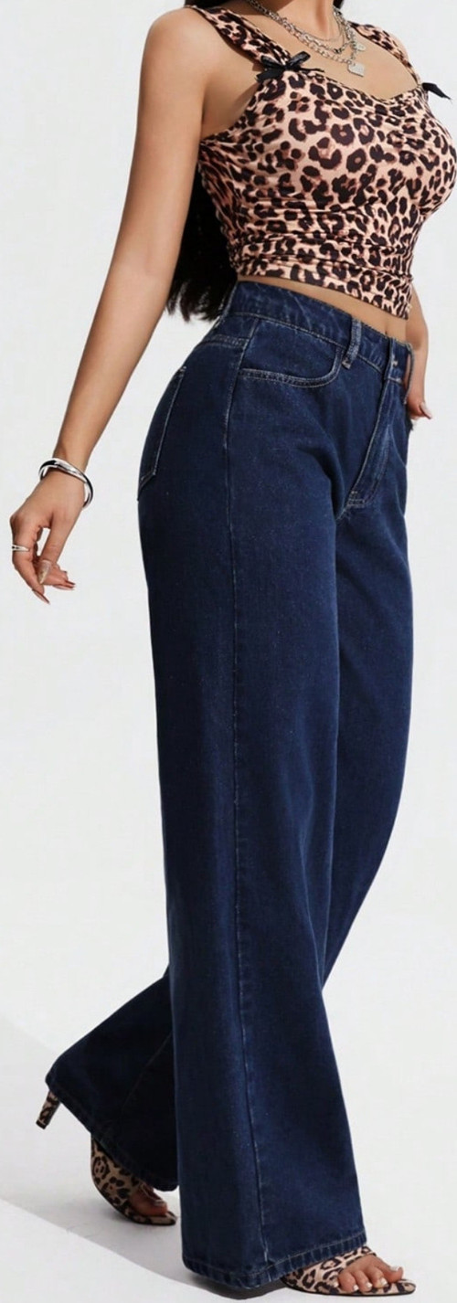 Palazzo Pantolon Koyu Lacivert Yüksek Bel Geniş Paça Bol Kesim Premium Jeans